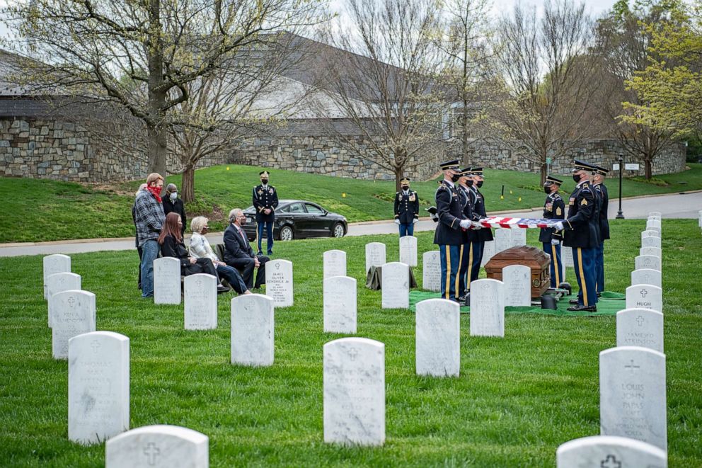 PHOTO:  Soldiers assigned to 1st Battalion, 3d U.S. Infantry Regiment (The Old Guard) conduct modified military funeral honors for U.S. Army Retired Command Sgt. Maj. Robert M. Belch at Arlington National Cemetery, Arlington, Virginia, April 14, 2020.