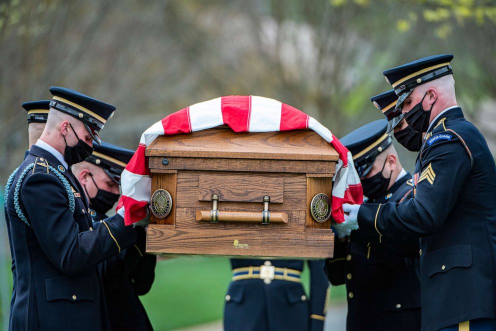 Given current health protection guidance from the Defense Department, Old Guard Soldiers wear face coverings to mitigate the spread of COVID-19 while executing the Memorial Affairs mission at Arlington National Cemetery, Arlington, Va., April 14, 2020.
