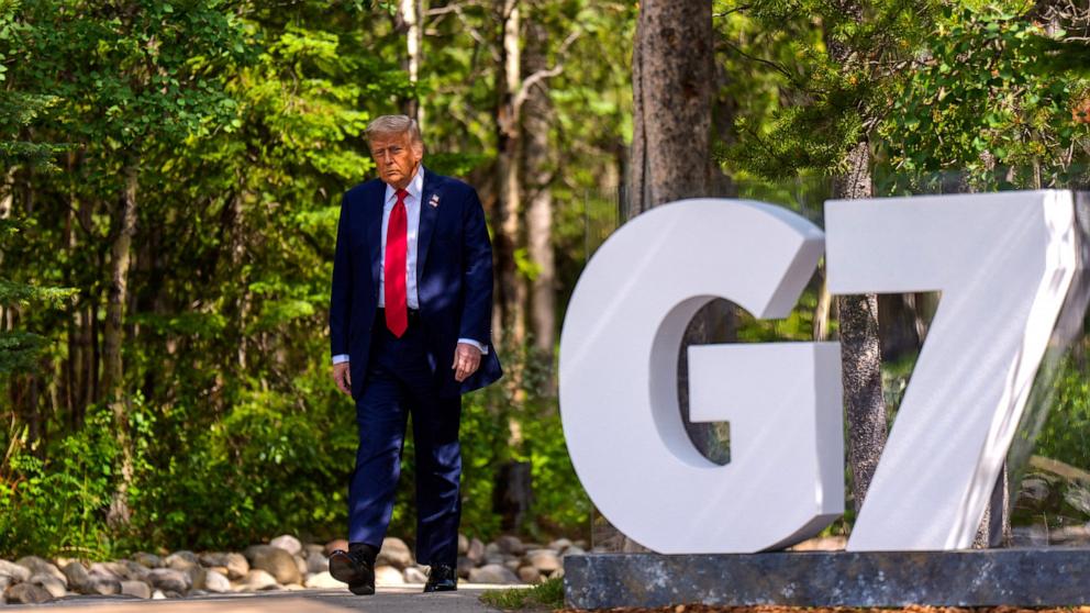 PHOTO: President Donald Trump arrives for his welcome ceremony at the Group of Seven Summit in Kananaskis, Alberta, Canada, June 16, 2025.