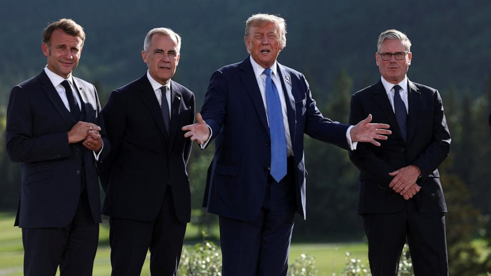 PHOTO: President Donald Trump stands with French President Emmanuel Macron, Canada Prime Minister Mark Carney and British Prime Minister Keir Starmer during a family photo at the G7 Summit in Kananaskis, Alberta, Canada, June 16, 2025. 