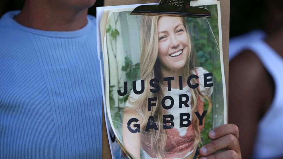 PHOTO: Supporters of "Justice for Gabby" gathered at the entrance of Myakkahatchee Creek Environmental Park in North Port, Fla., on Oct. 20, 2021.