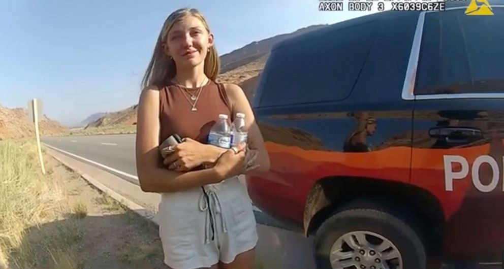 PHOTO: This police camera video provided by The Moab Police Department shows Gabrielle "Gabby" Petito talking to a police officer after police pulled over the van she was traveling in with her boyfriend.