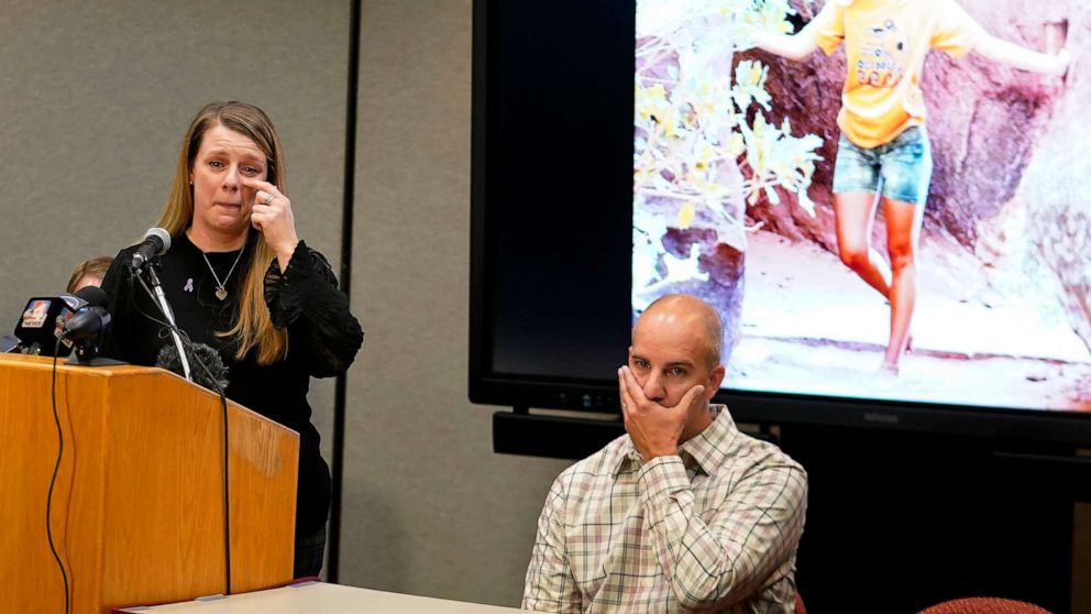 PHOTO: Gabby Petito's mother Nichole Schmidt, speaks during a news conference as her husband Jim Schmidt looks on, Nov. 3, 2022, in Salt Lake City.