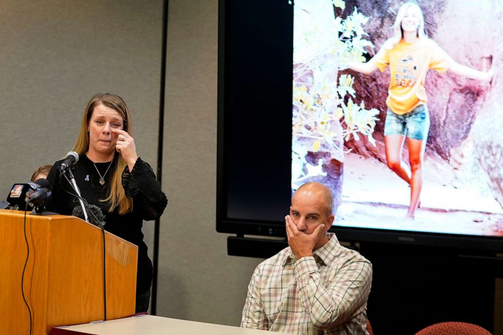 PHOTO: Gabby Petito's mother, Nichole Schmidt, speaks during a news conference as her husband, Jim Schmidt, looks on, Nov. 3, 2022, in Salt Lake City.