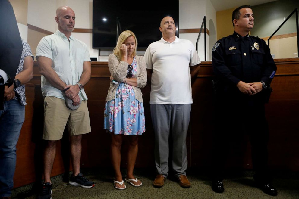 PHOTO: Tara Petito and Joe Petito look on while the City of North Port Chief of Police Todd Garrison (not seen) speaks during a news conference for their missing daughter Gabby Petito on Sept. 16, 2021, in North Port, Fla.