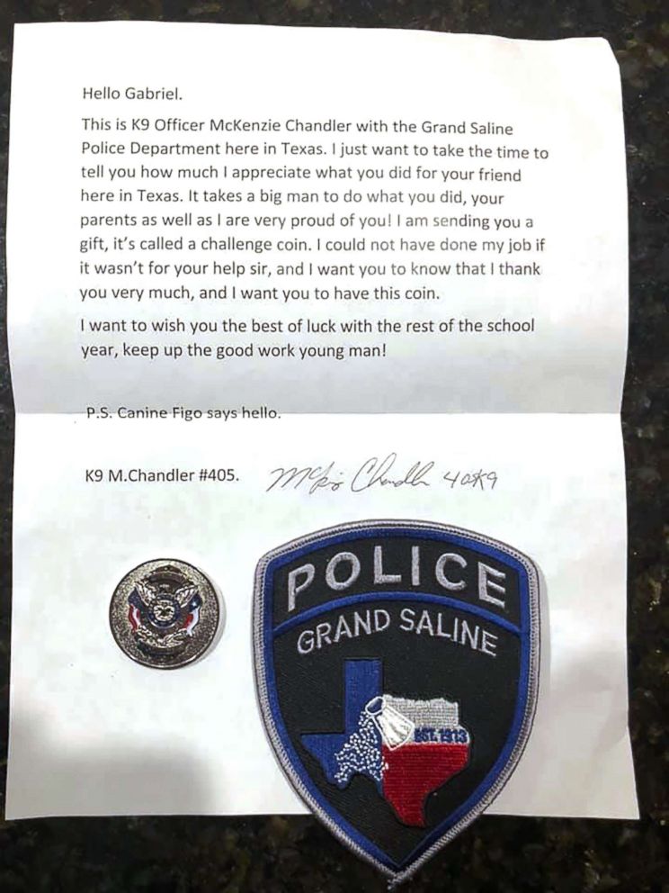 PHOTO: The Grand Saline Police Department sent Gabe a letter of appreciation.