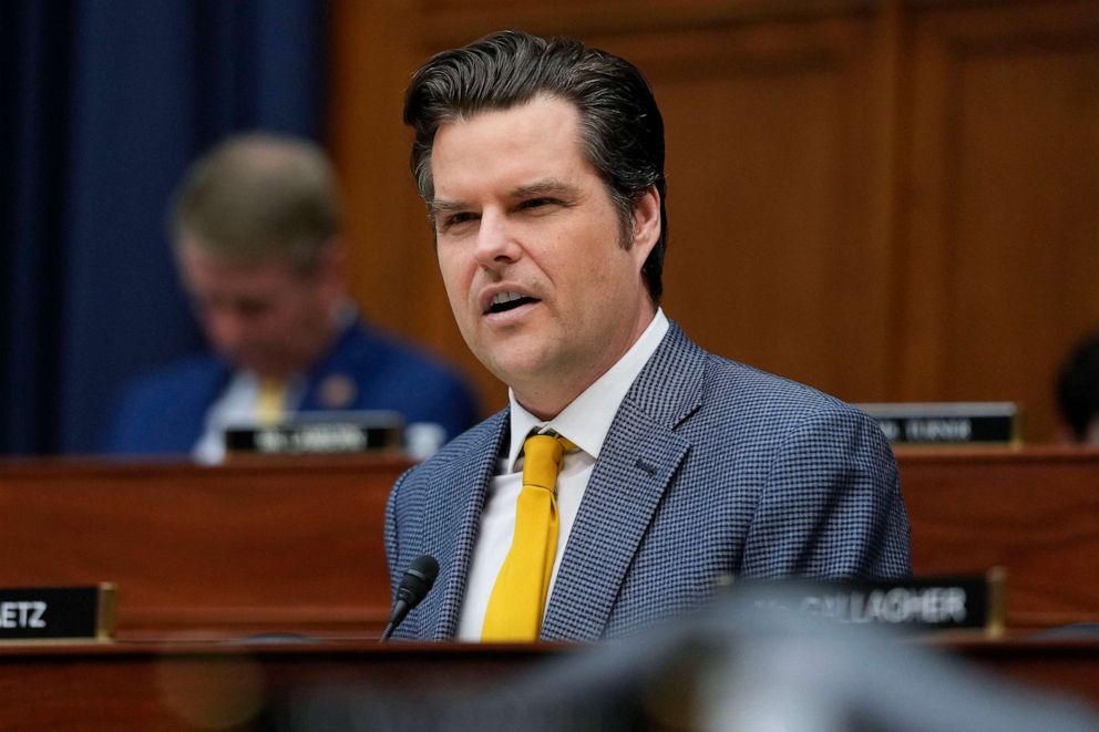 PHOTO: Rep. Matt Gaetz speaks during the House Armed Services Committee hearing on the Department of the Navy's budget request for fiscal year 2024, on Capitol Hill, April 28, 2023.
