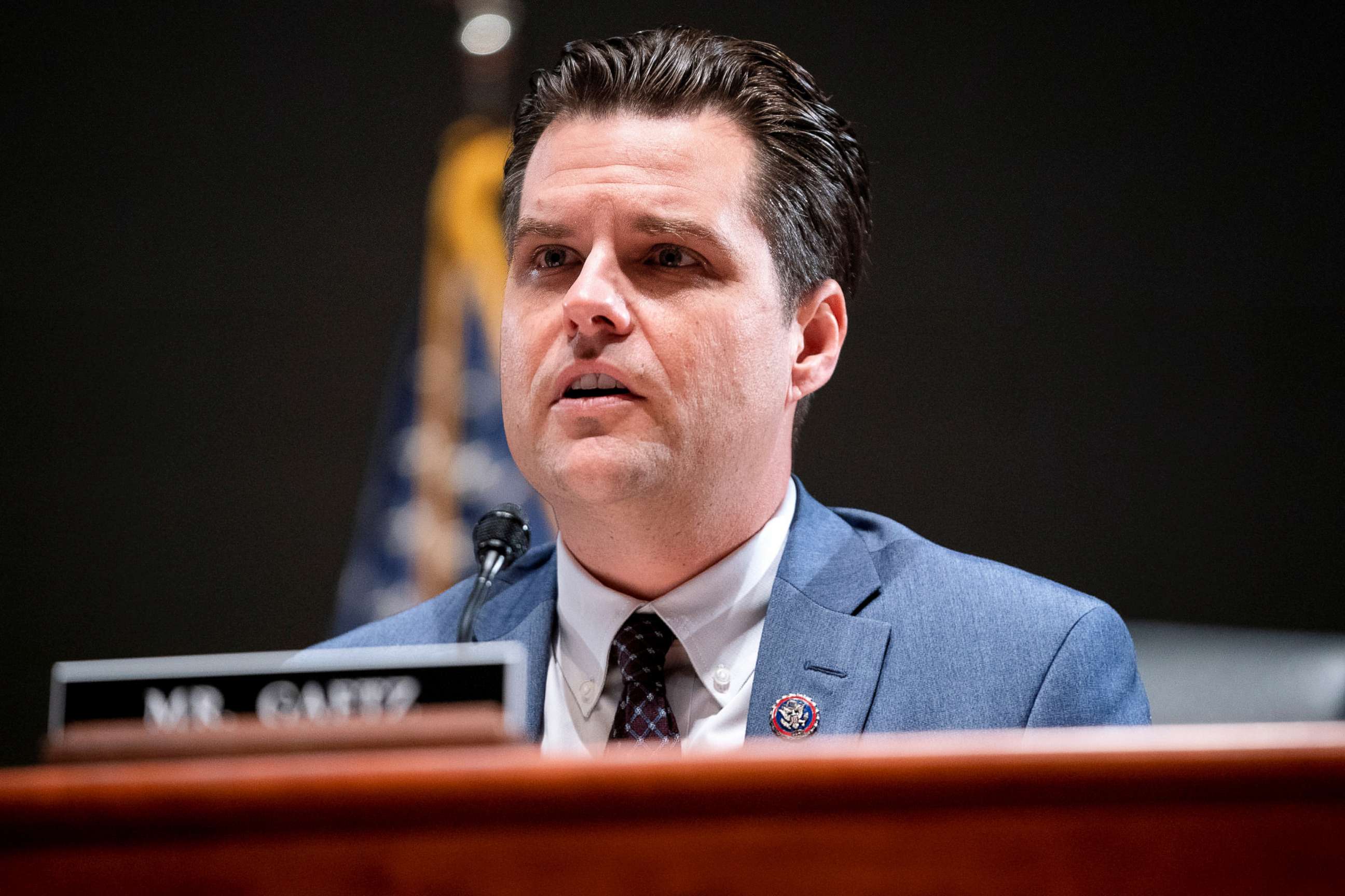 PHOTO: Rep. Matt Gaetz questions Attorney General Merrick Garland during a House Judiciary Committee oversight hearing of the Department of Justice on Capitol Hill, Oct. 21, 2021.