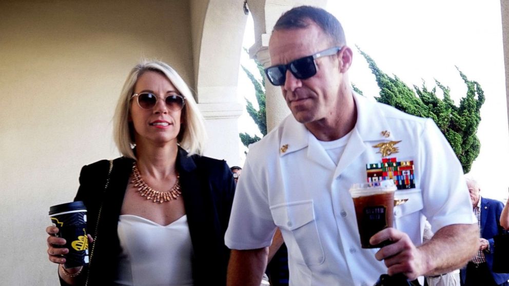PHOTO: Navy Special Operations Chief Edward Gallagher walks into military court with his wife Andrea Gallagher, July 2, 2019, in San Diego, Calif.