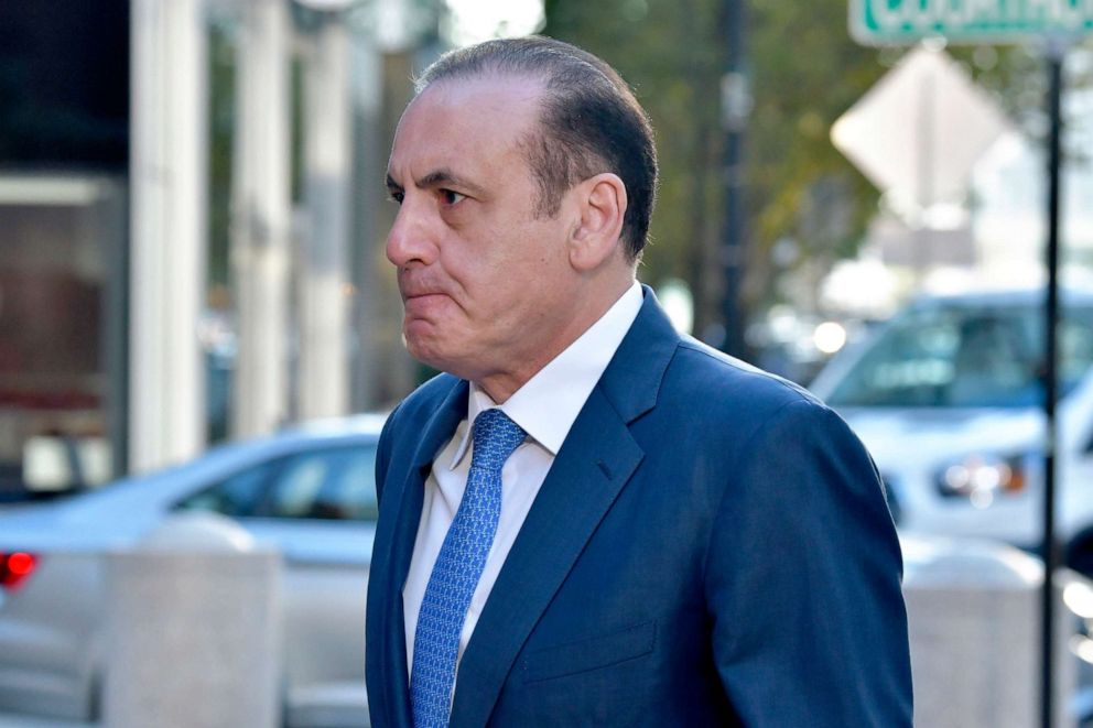 PHOTO: Gamal Abdelaziz arrives at federal court, Oct. 7, 2021, in Boston. Abdelaziz and another parent, John Wilson, are the first to stand trial in the college admissions bribery scandal.