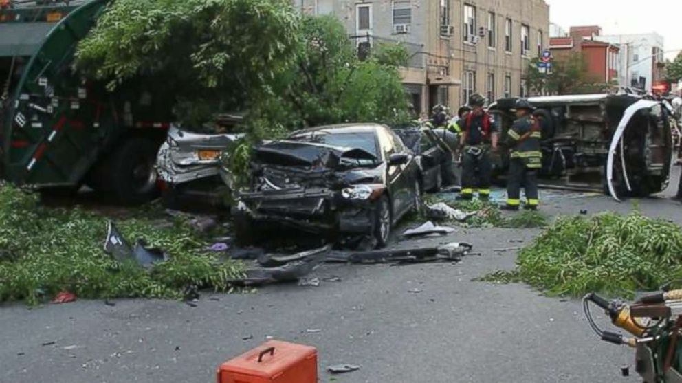 A garbage truck driver was charged with impaired driving and several other crimes after plowing into nine cars in Brooklyn, New York, on June 9, 2018.