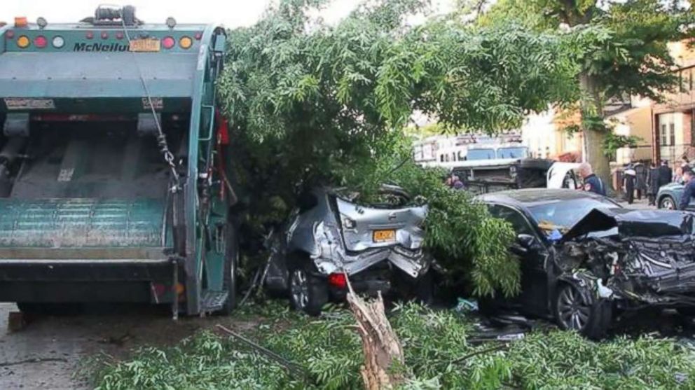A garbage truck driver was charged with impaired driving and several other crimes after plowing into nine cars in Brooklyn, New York, on June 9, 2018.