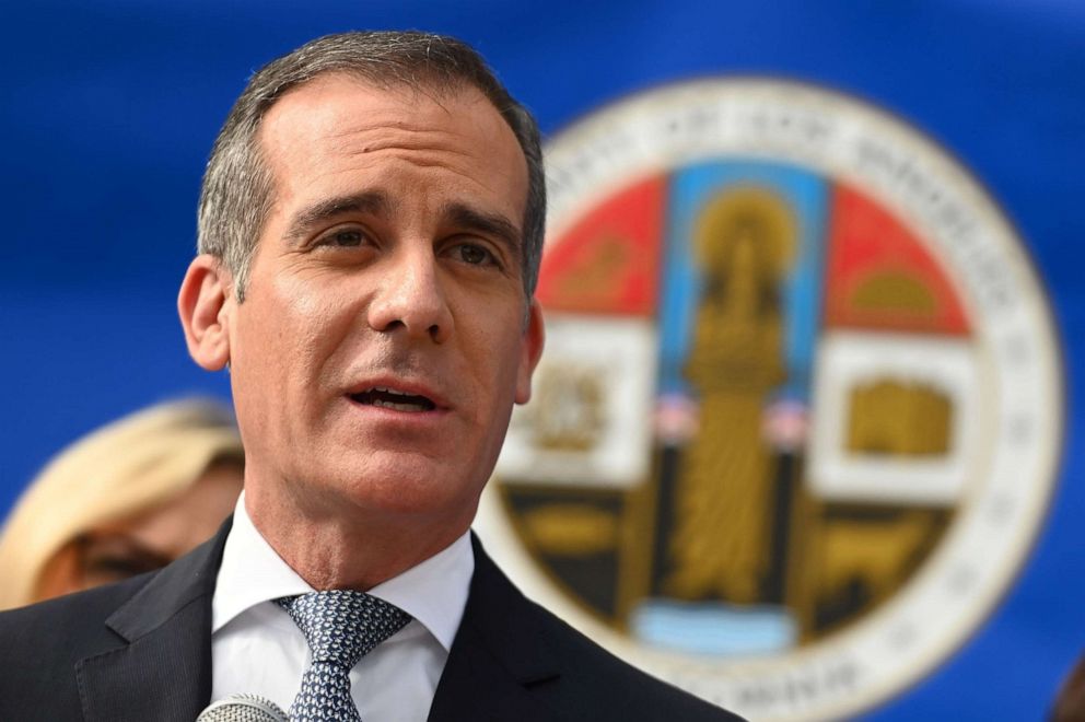 PHOTO: Los Angeles Mayor Eric Garcetti speaks at a press conference, on March 4, 2020, in Los Angeles.