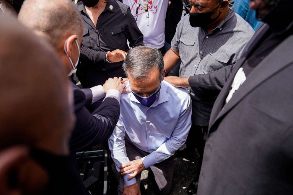 PHOTO: Los Angeles Mayor Eric Garcetti meets protesters and clergy from the Los Angeles area participating in a march and peaceful protest in downtown Los Angeles outside of City Hall and LAPD Headquarters, June 2, 2020.