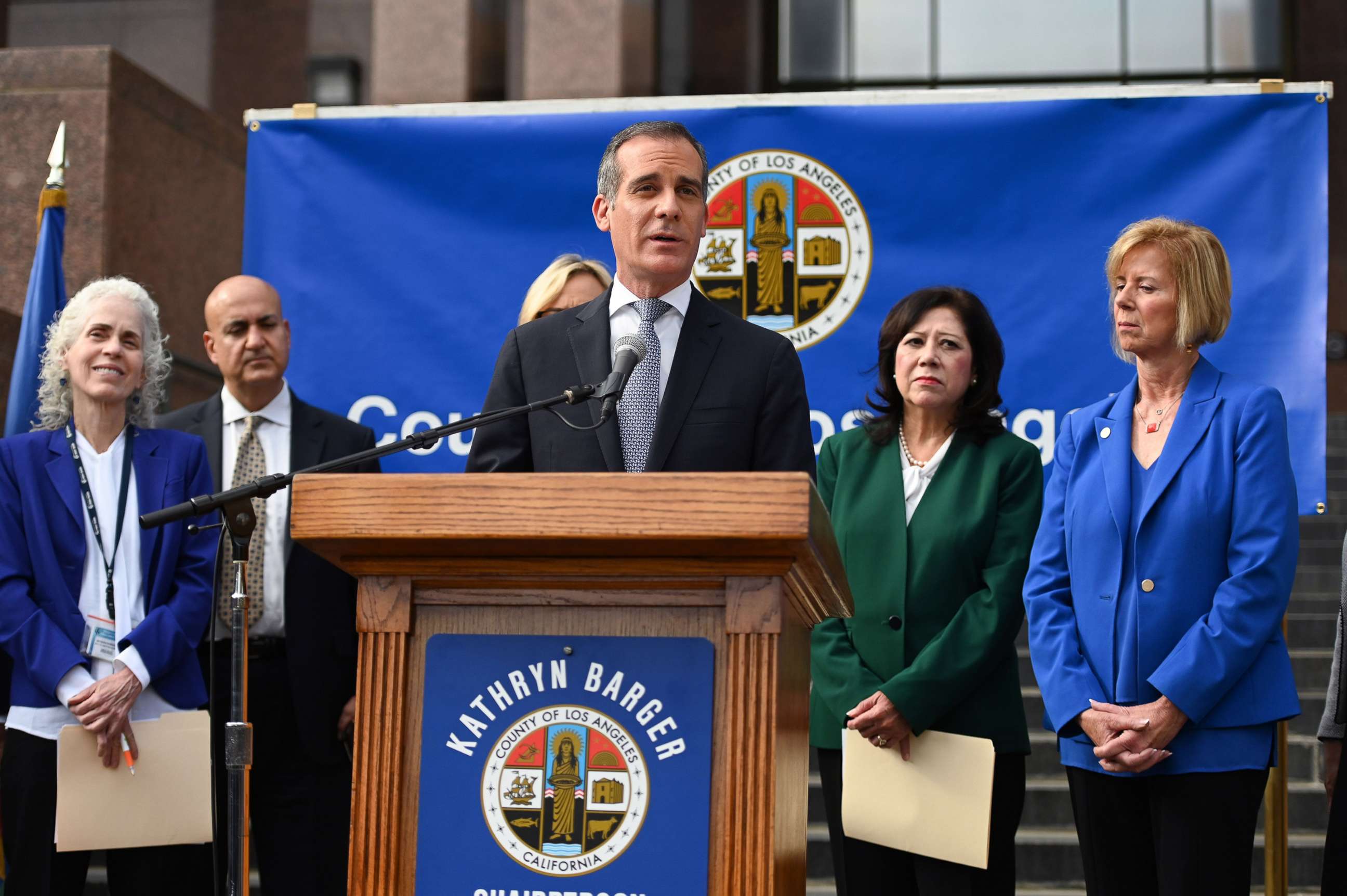 PHOTO: Los Angeles Mayor Eric Garcetti speaks during a Los Angeles County Health Department press conference on the novel coronavirus (COVID-19), March 4, 2020, after declaring a state of emergency, in Los Angeles.