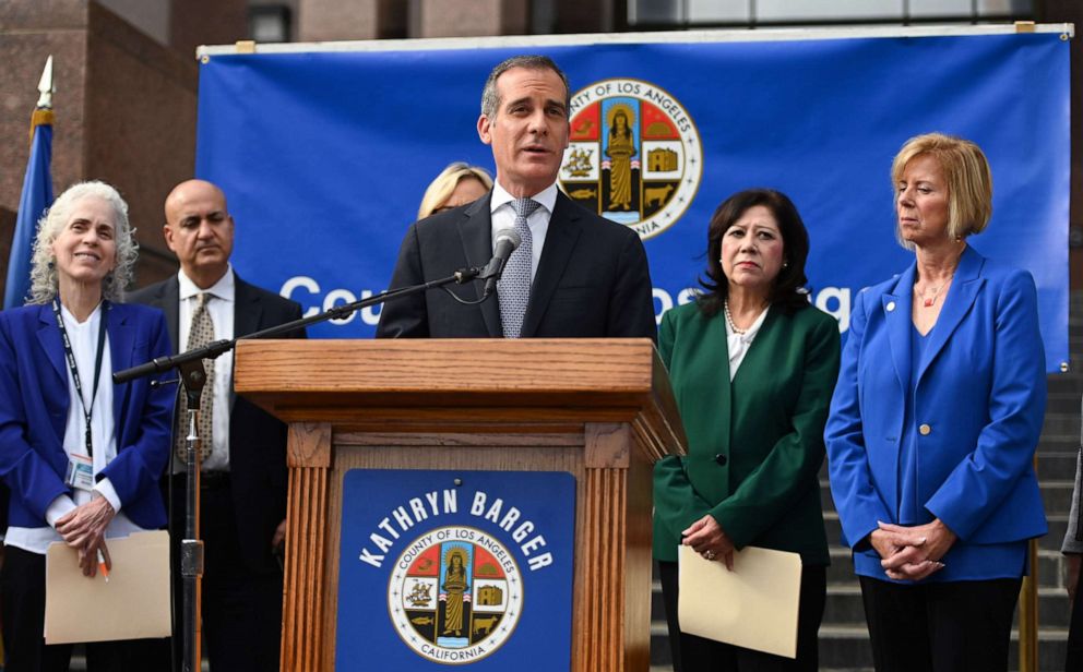 PHOTO: Los Angeles Mayor Eric Garcetti speaks during a Los Angeles County Health Department press conference on the novel coronavirus (COVID-19), March 4, 2020, after declaring a state of emergency, in Los Angeles.