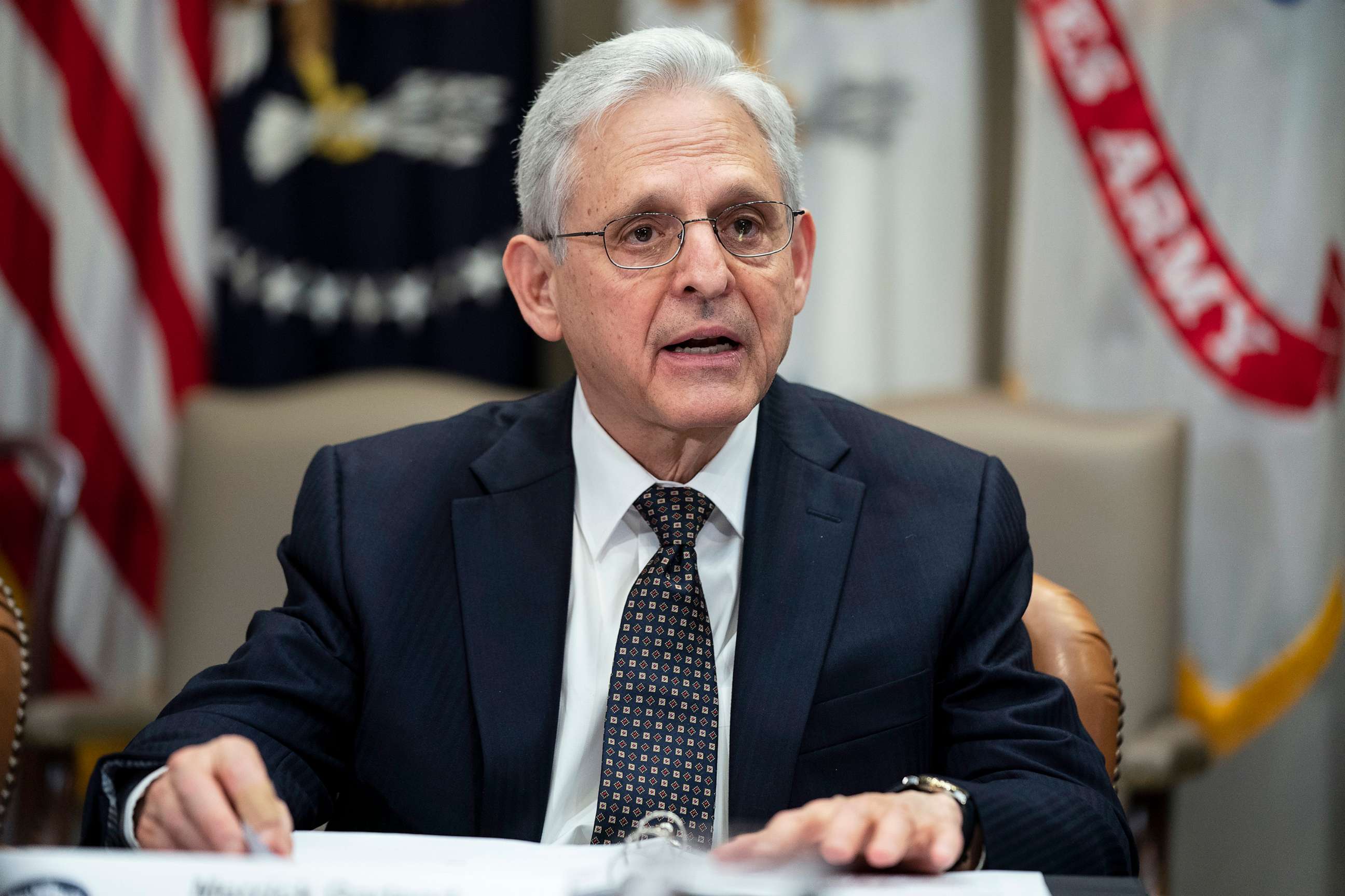 PHOTO: Attorney General Merrick Garland speaks during a meeting with a task force on reproductive health care access, in the Roosevelt Room of the White House, April 12, 2023.