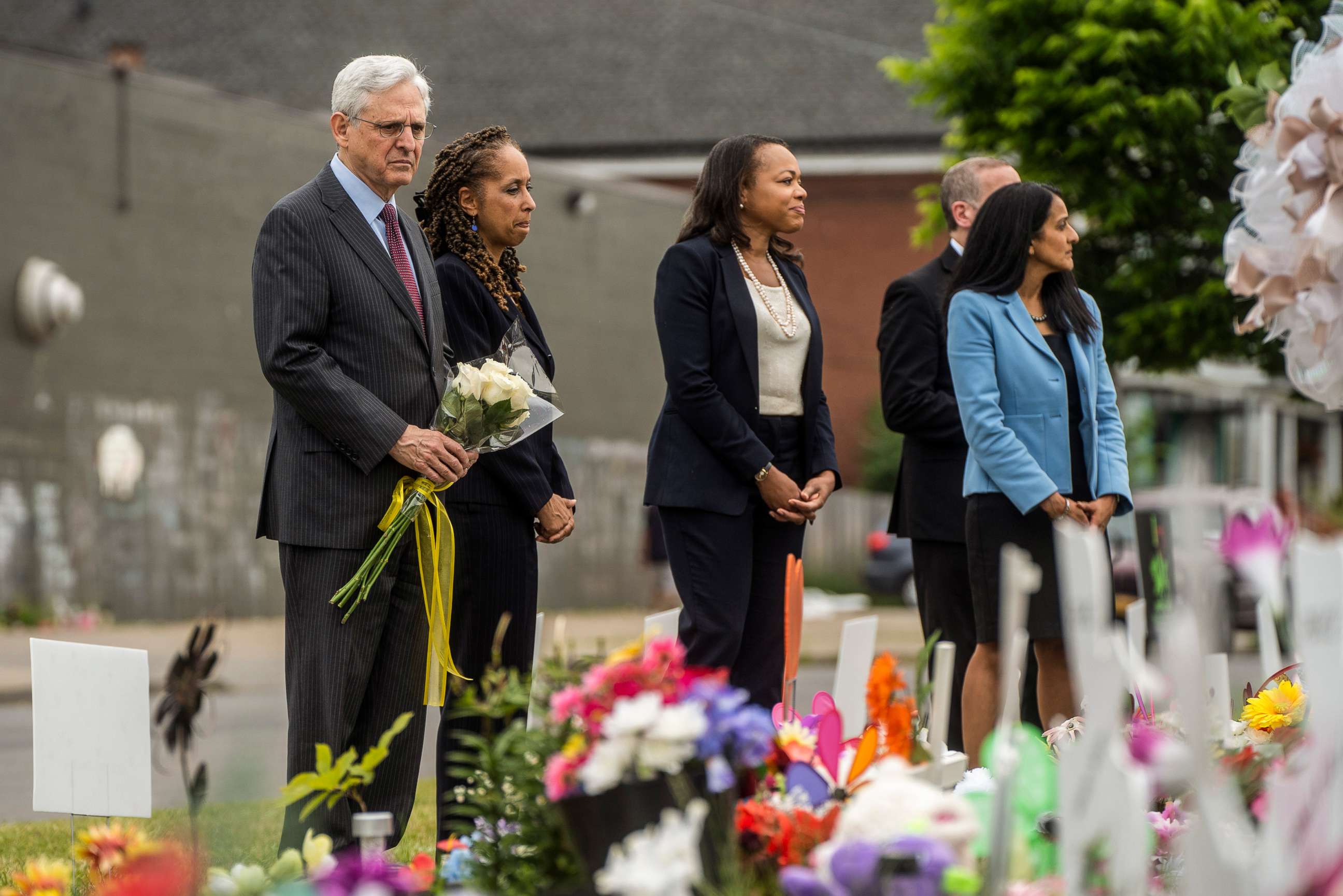 PHOTO: Attorney General Merrick Garland visits the memorial for victims of the May 14 mass shooting at a Tops Friendly Market in Buffalo, N.Y. on June 15, 2022.