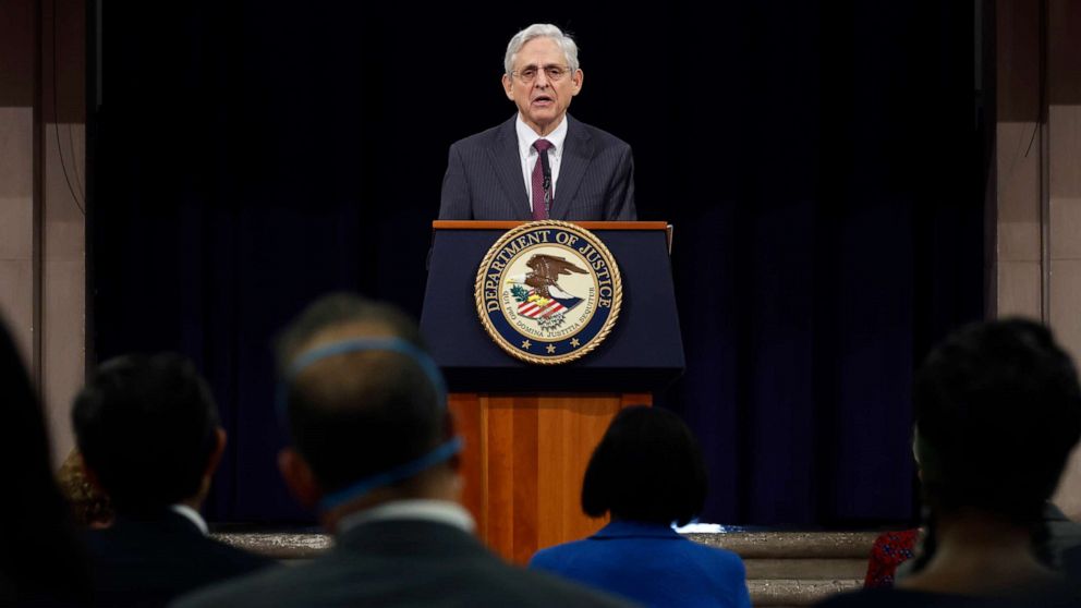 PHOTO: Attorney General Merrick Garland delivers remarks during an event to mark the first anniversary of the COVID-19 Hate Crimes Act at the Department of Justice Robert F. Kennedy Building, May 20, 2022, in Washington, D.C. 