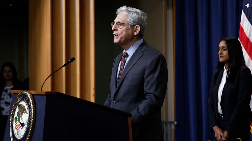 PHOTO: Attorney General Merrick Garland speaks at a news conference at the Justice Department on March 7, 2023. in Washington, D.C.