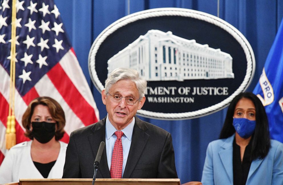 PHOTO: Attorney General Merrick Garland holds a press conference to announce a lawsuit against Texas, over its new law banning abortions after six weeks of pregnancy, at the Department of Justice in Washington, DC on Sept. 9, 2021.