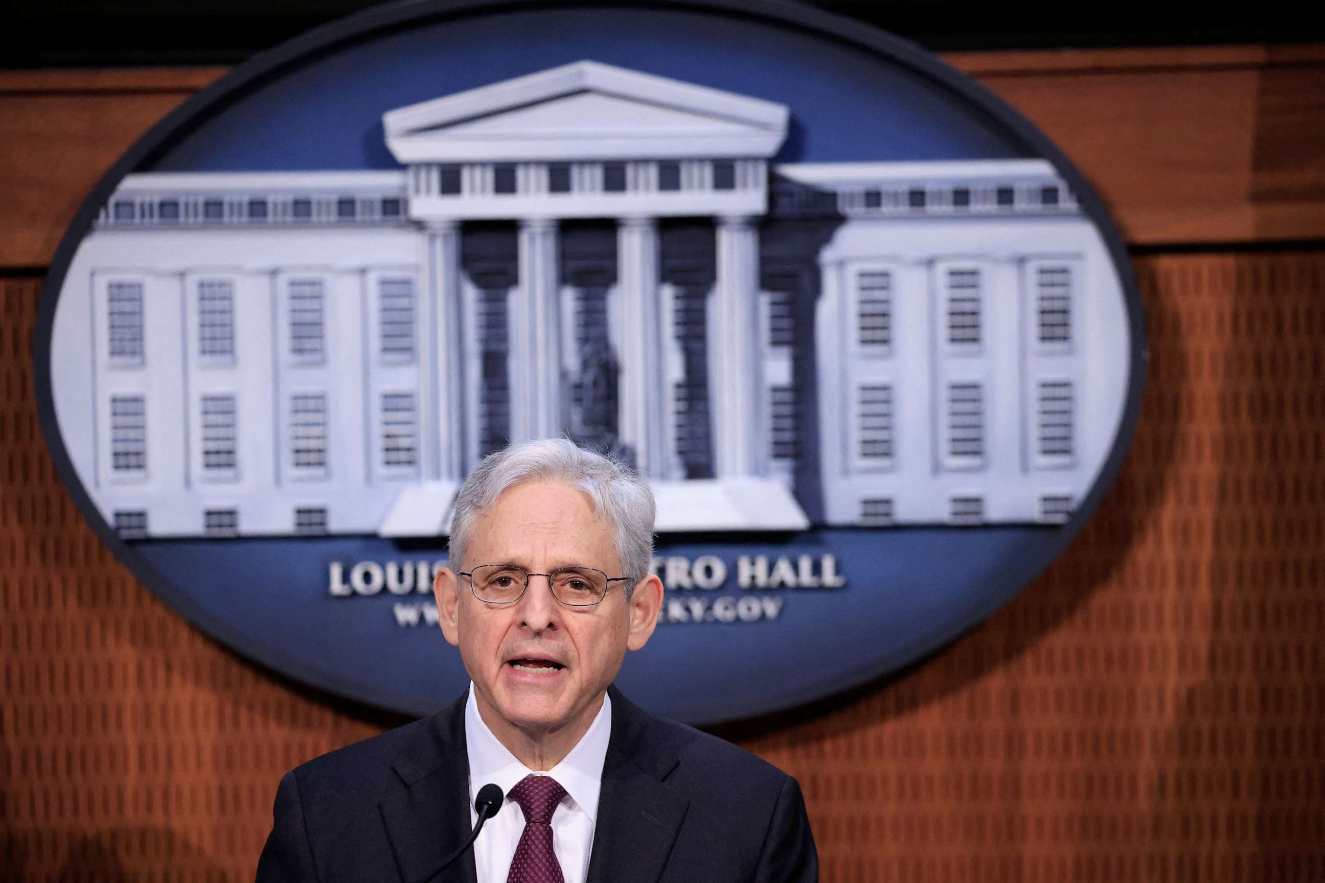 PHOTO: Attorney General Merrick Garland speaks during a press conference on the Justice Departments findings of the civil rights investigation into the Louisville Metro Police Department and Louisville Metro Government, March 8, 2023, in Louisville, Ky.