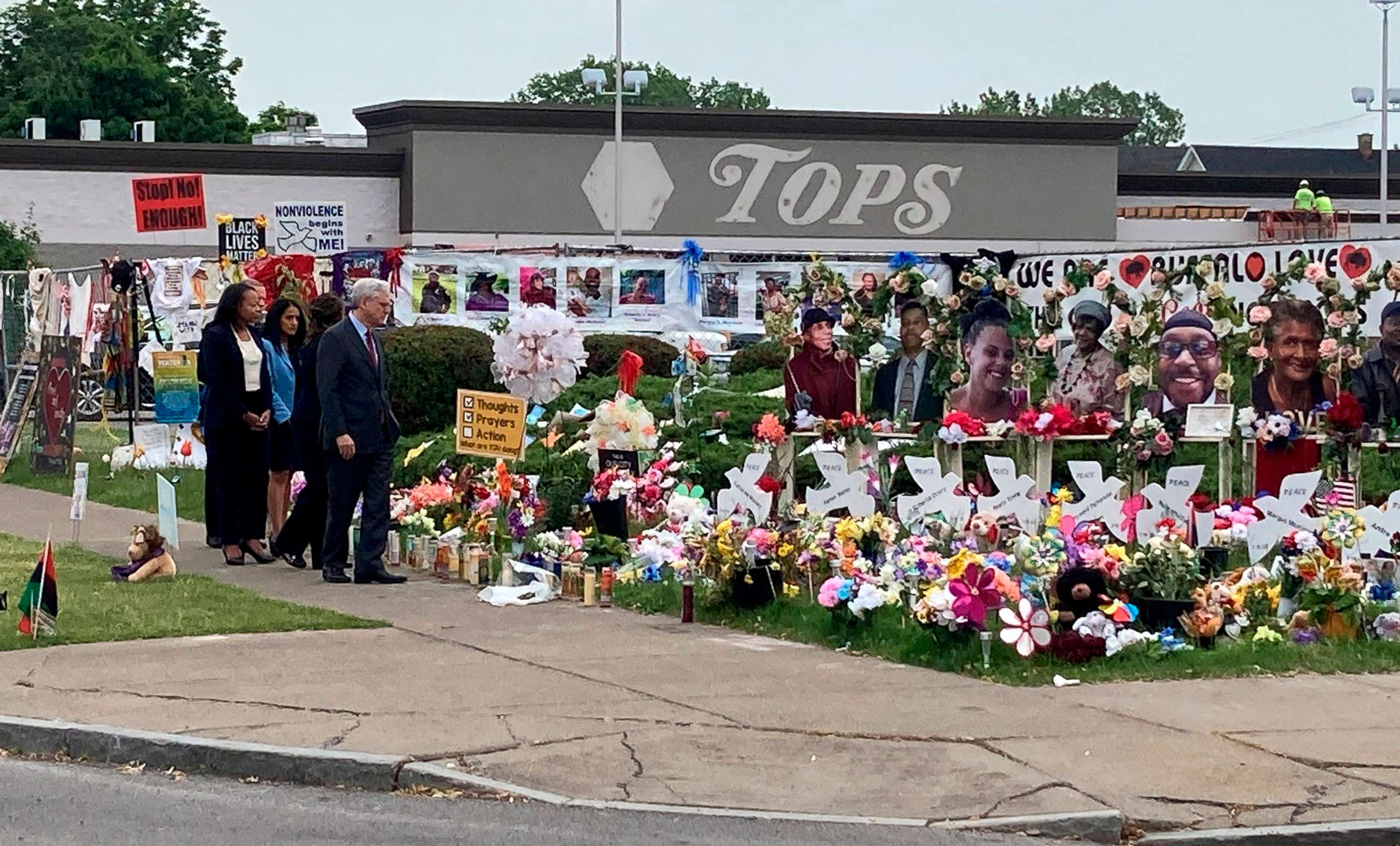 PHOTO: In this June 15, 2022, file photo, Attorney General Merrick Garland visits the Tops Friendly Market grocery store in Buffalo, N.Y.,  the site of a May 14 mass shooting in which 10 Black people were killed.