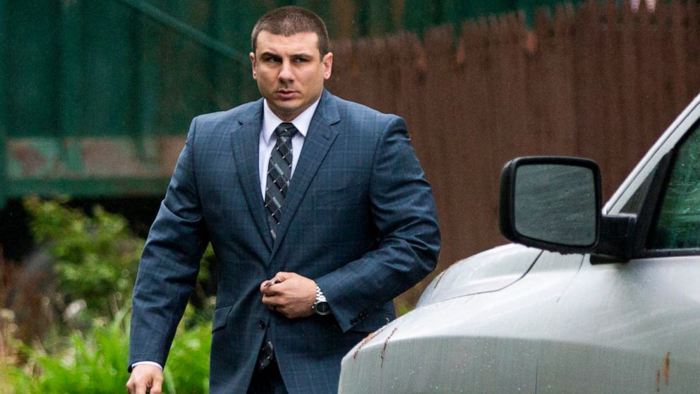 PHOTO:New York City police officer Daniel Pantaleo leaves his house, May 13, 2019, in Staten Island, N.Y. A long-delayed disciplinary trial is set to begin Monday for Pantaleo, accused of using a banned chokehold in the July 2014 death of Eric Garner. 