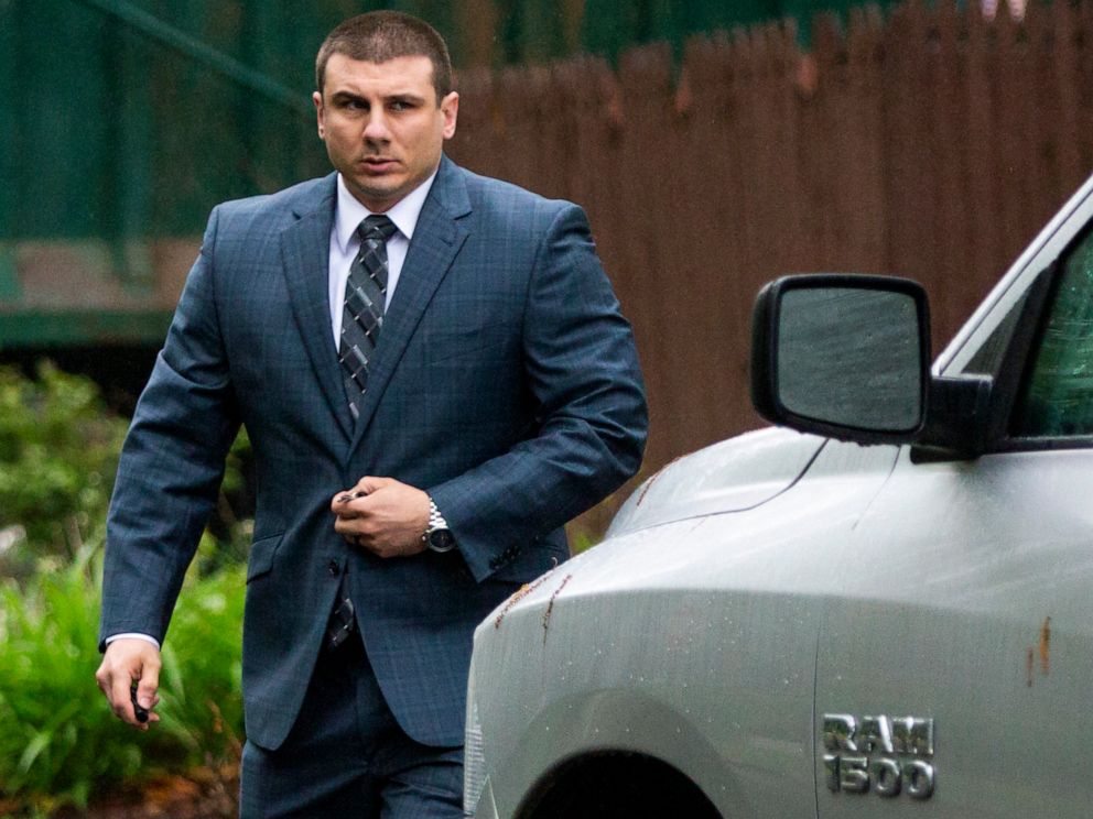 PHOTO:New York City police officer Daniel Pantaleo leaves his house, May 13, 2019, in Staten Island, N.Y. A long-delayed disciplinary trial is set to begin Monday for Pantaleo, accused of using a banned chokehold in the July 2014 death of Eric Garner.