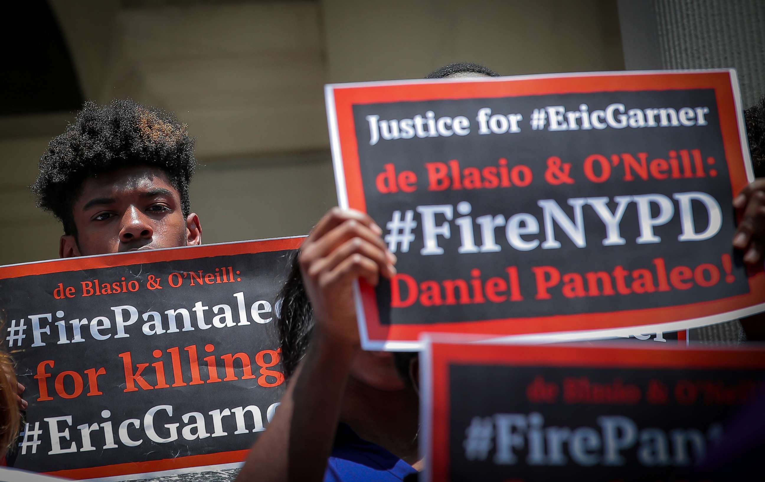 PHOTO: People attend a news conference with Gwen Carr, the mother of Eric Garner, following the decision to not prosecute NYPD officer Daniel Pantaleo at City Hall in New York, July 16, 2019.
