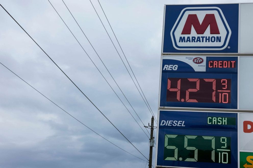 PHOTO: The price of gas continues to rise at a Marathon gas station, March 15, 2022, in Griffin, Ga.