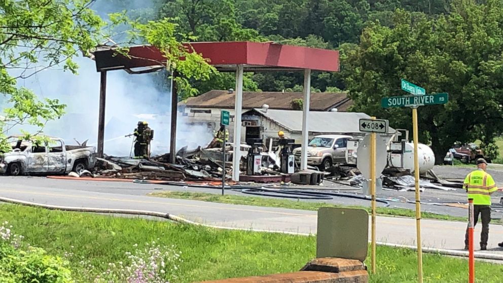 PHOTO: Firefighters on the scene of an apparent explosion at a gas station in Buena Vista, Va., May 10, 2019.