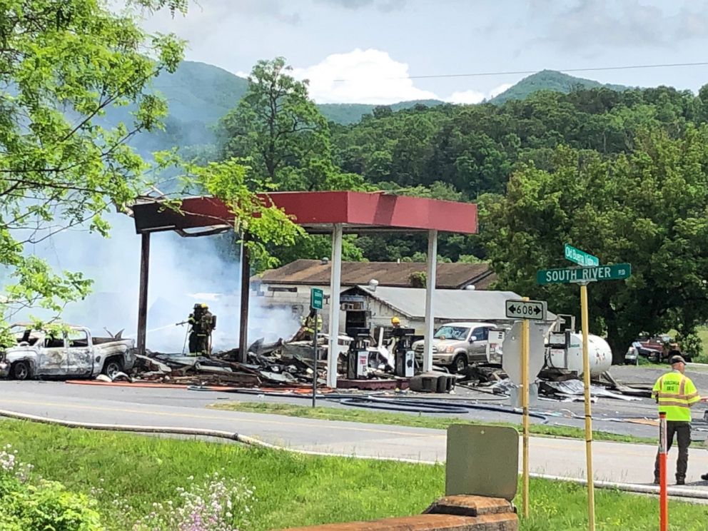 PHOTO: Firefighters on the scene of an apparent explosion at a gas station in Buena Vista, Va., May 10, 2019.