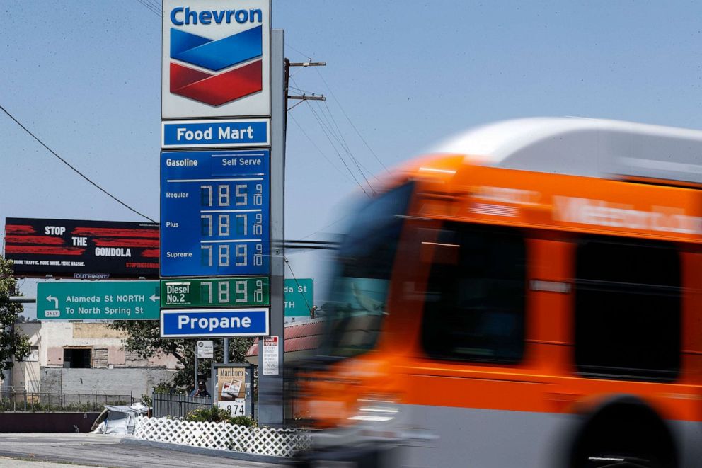 PHOTO: A bus drives by a Chevron gas station where the price for regular gas per gallon is $7.85, in Los Angeles, June 6, 2022.