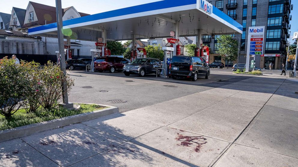 PHOTO: Blood at the scene where 28-year-old O'Shea Sibley was stabbed in the torso in front of a Mobil gas station on Coney Island Avenue in Brooklyn, N.Y., July 31, 2023.