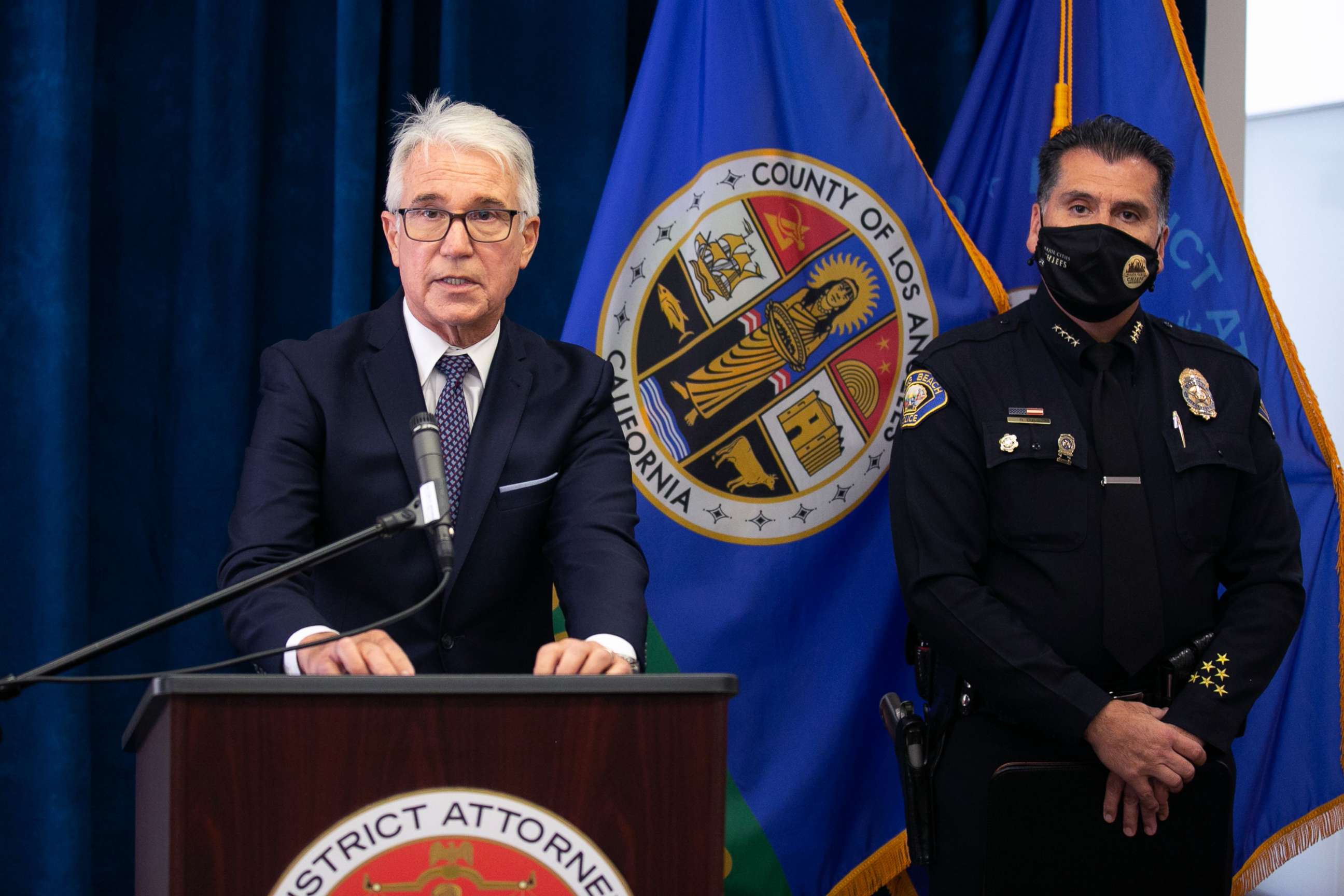 PHOTO: Los Angeles County District Attorney George Gascon, along with Long Beach Police Chief Robert G. Luna, announce the Long Beach school safety officer, Eddie F. Gonzalez, has been arrested and charged with murder, Oct. 27, 2021 in Los Angeles.