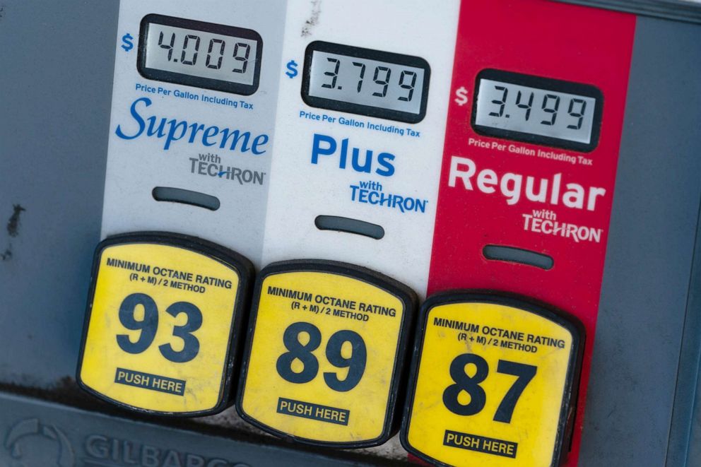 PHOTO: A gas pump shows prices exceeding four dollars a gallon in Atlanta, May 13, 2021.