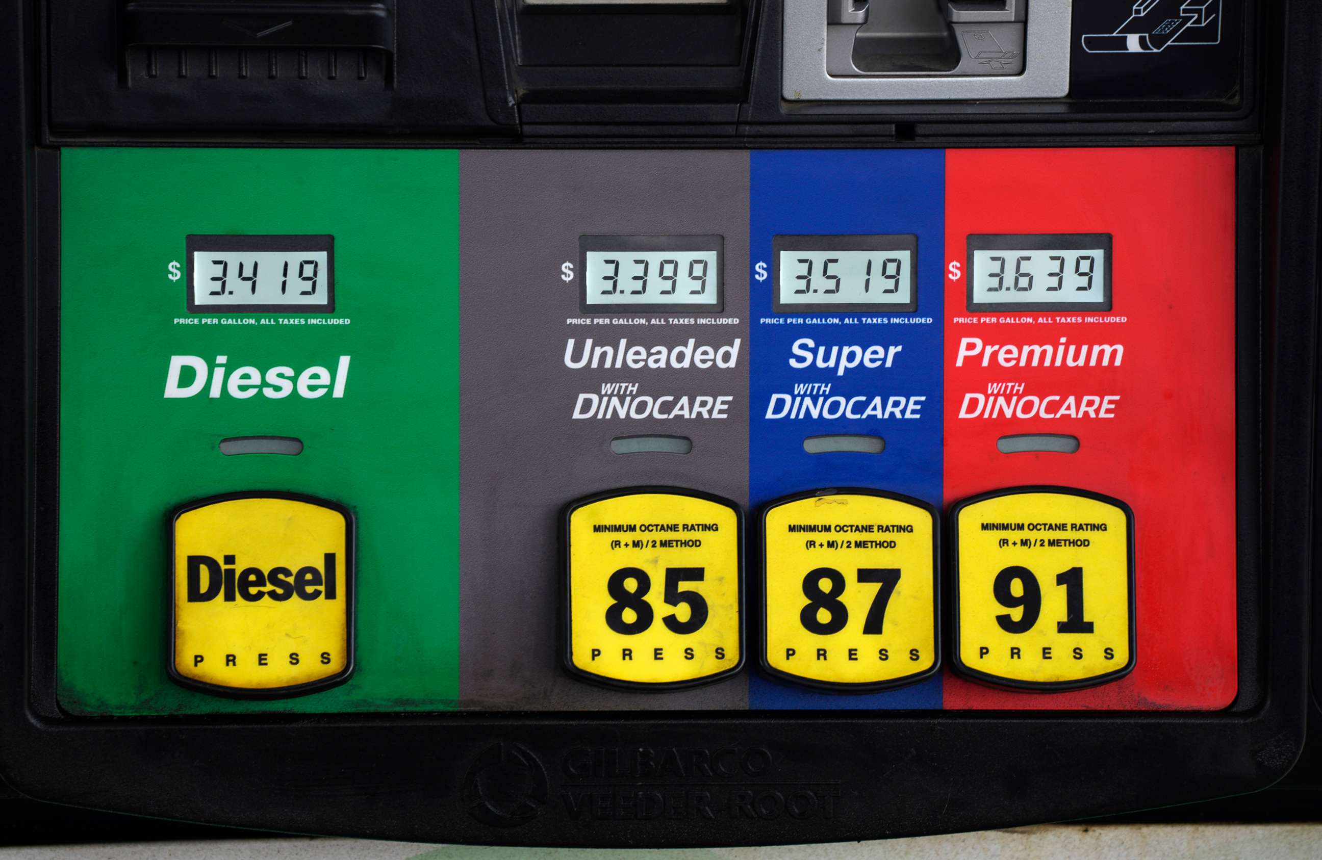 PHOTO: Prices are displayed above the different grades of gasoline available to motorists, May 27, 2021, near Cheyenne, Wyo.