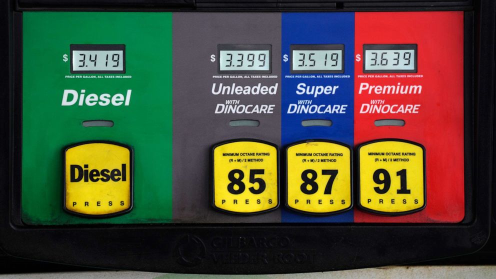 PHOTO: Prices are displayed above the different grades of gasoline available to motorists, May 27, 2021, near Cheyenne, Wyo.