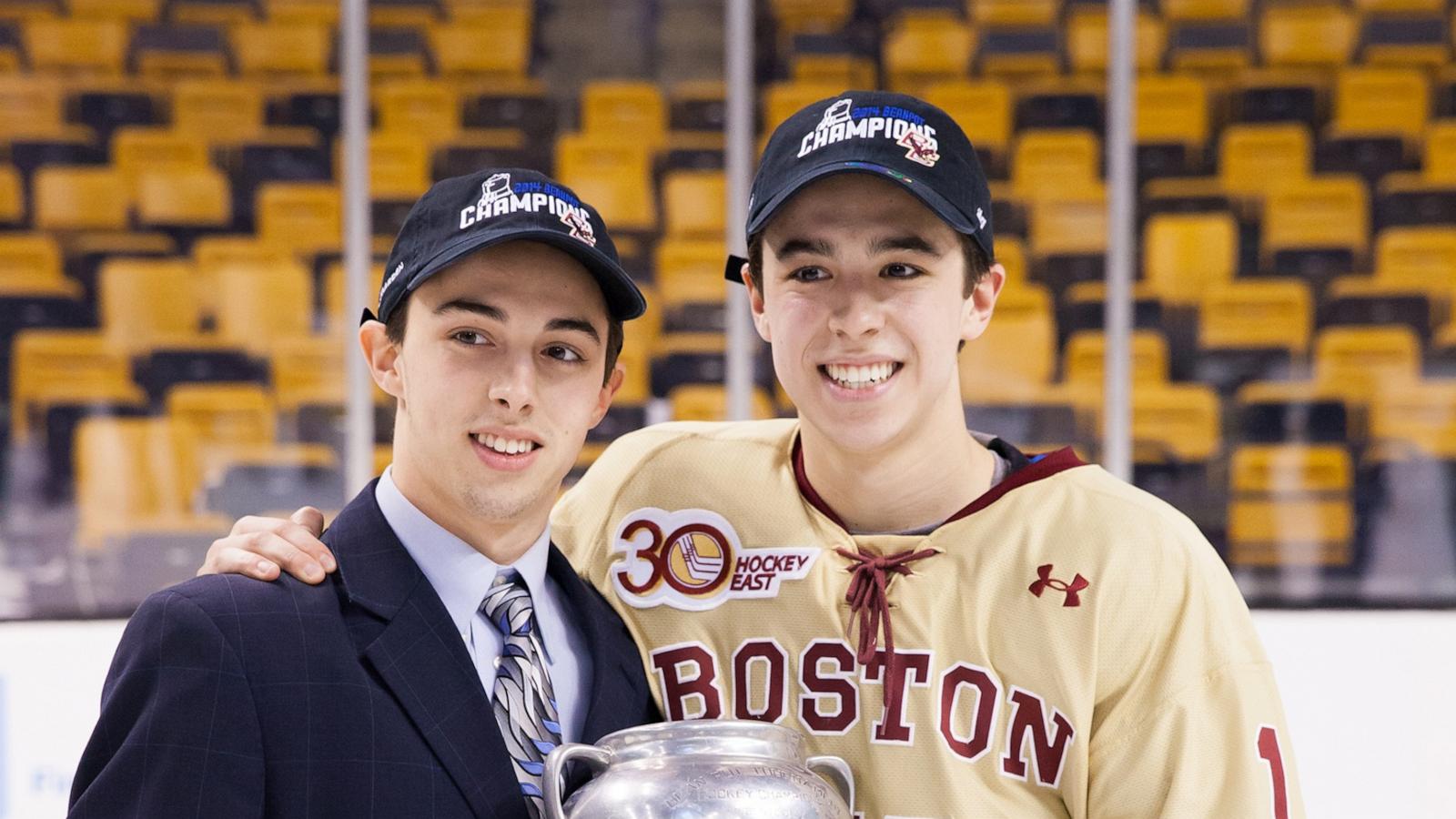 PHOTO: Johnny Gaudreau #13 and Matthew Gaudreau #21 of the Boston College Eagles celebrate after the Eagles beat the Northeastern University Huskies at TD Garden on February 10, 2014 in Boston.