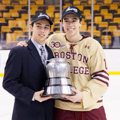 PHOTO: Johnny Gaudreau #13 and Matthew Gaudreau #21 of the Boston College Eagles celebrate after the Eagles beat the Northeastern University Huskies at TD Garden on February 10, 2014 in Boston.
