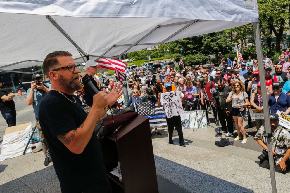 PHOTO: Gavin McInnes speaks to activists as they take part in the "March Against Sharia," June 10, 2017, in New York City.