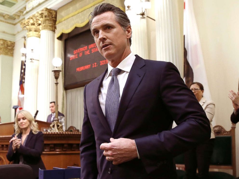 PHOTO: In this Feb. 12, 2019, file photo, Calif., Gov. Gavin Newsom receives applause after delivering his first State of the State address to a joint session of the legislature at the Capitol in Sacramento, Calif.