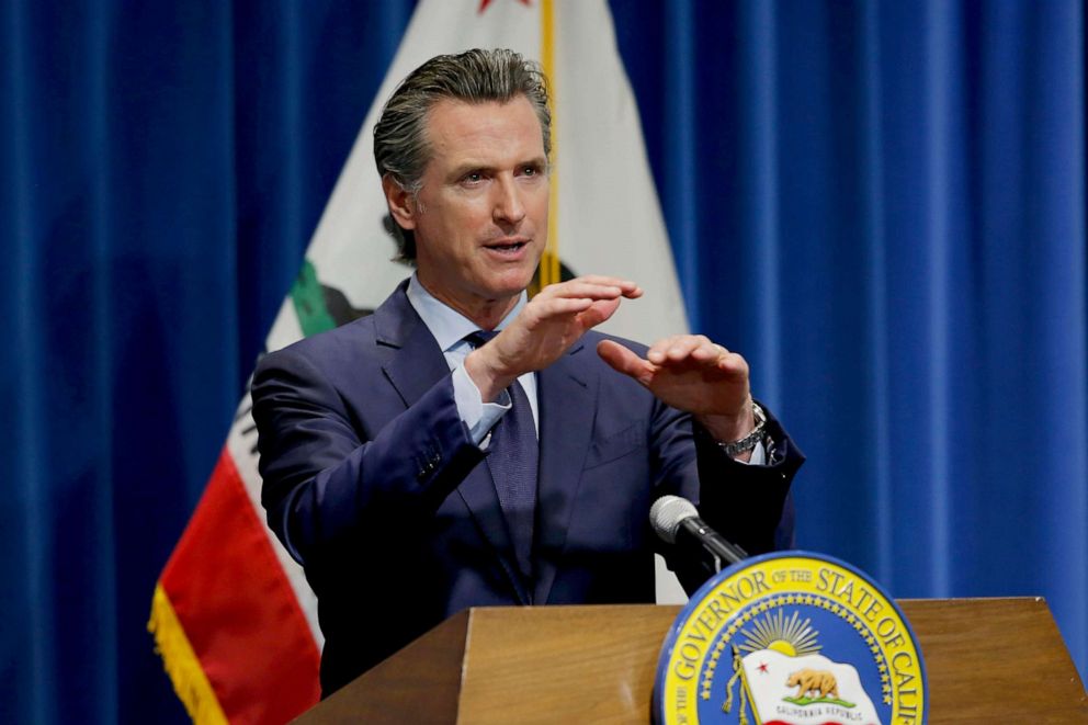 PHOTO: California Gov. Gavin Newsom discusses his revised 2020-2021 state budget during a news conference in Sacramento, Calif.