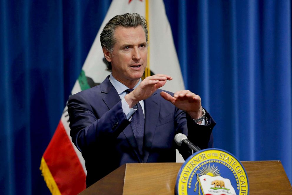 PHOTO: California Gov. Gavin Newsom discusses his revised 2020-2021 state budget during a news conference in Sacramento, Calif., May 14, 2020.