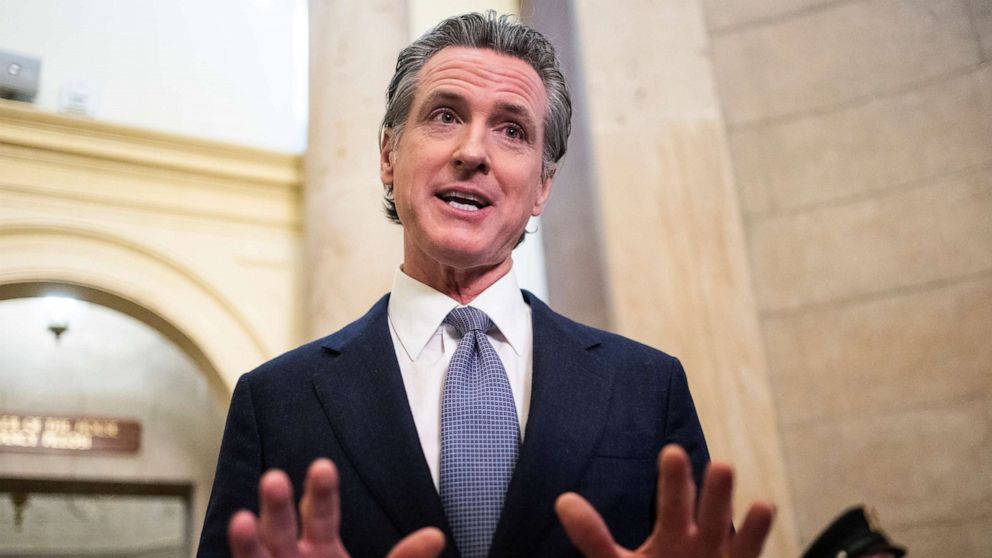 PHOTO: California Gov. Gavin Newsom talks with reporters after a meeting with Speaker of the House Nancy Pelosi in the U.S. Capitol, July 15, 2022.