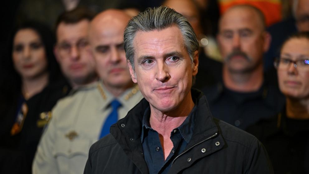 PHOTO: Governor Gavin Newsom speaks during a press conference about a legislation directing $2.5 billion in relief to support response and recovery efforts for Los Angeles in Pasadena, Calif., Jan. 23, 2025.