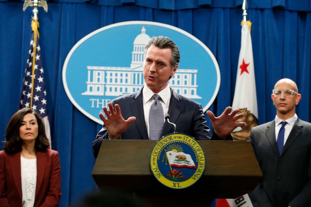 PHOTO: In this March 12, 2020 file photo, California Gov. Gavin Newsom speaks to reporters about the state's response to the coronavirus during a news conference in Sacramento, Calif.