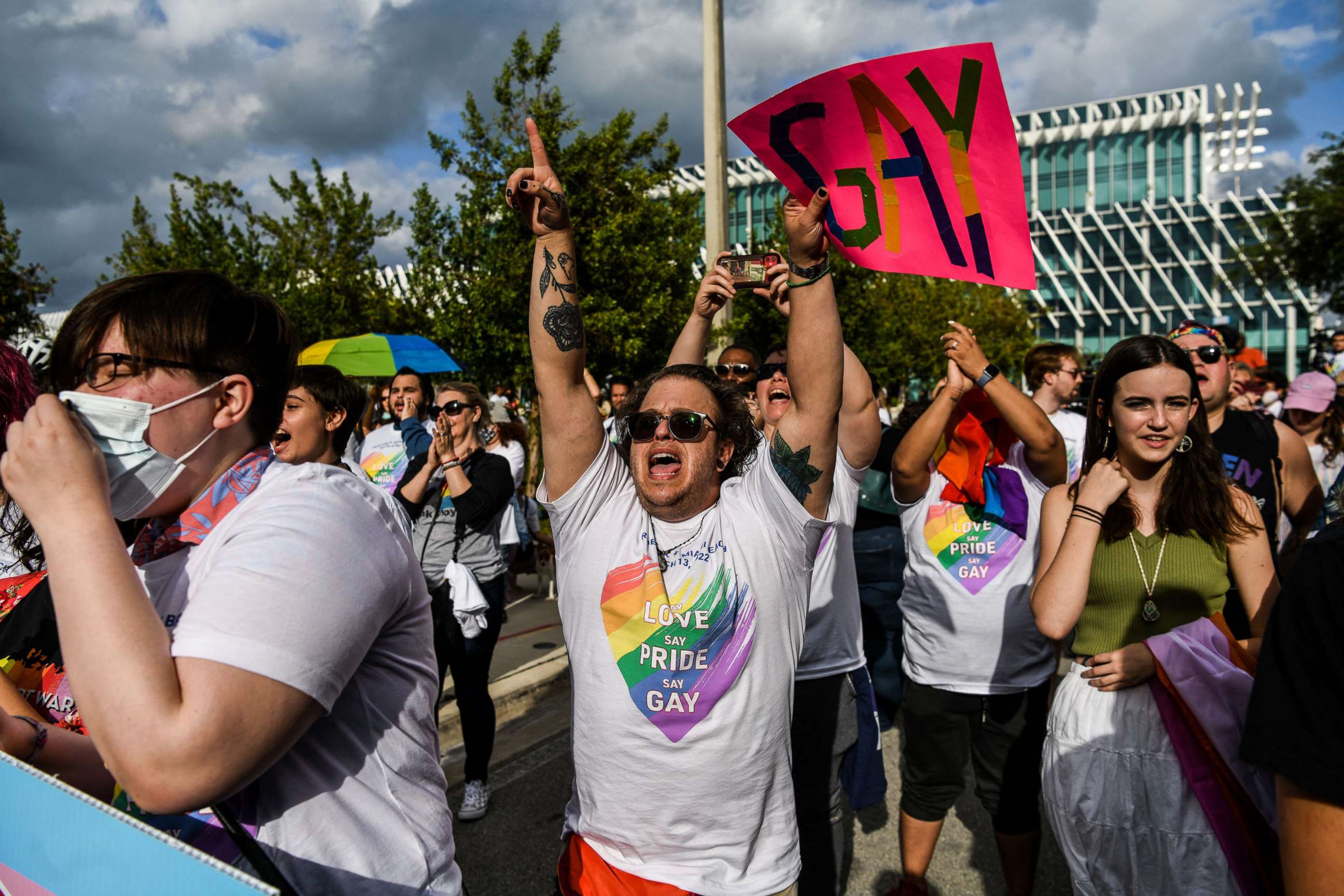 PHOTO: Members and supporters of the LGBTQ community attend the "Say Gay Anyway" rally in Miami Beach, Fla., March 13, 2022.