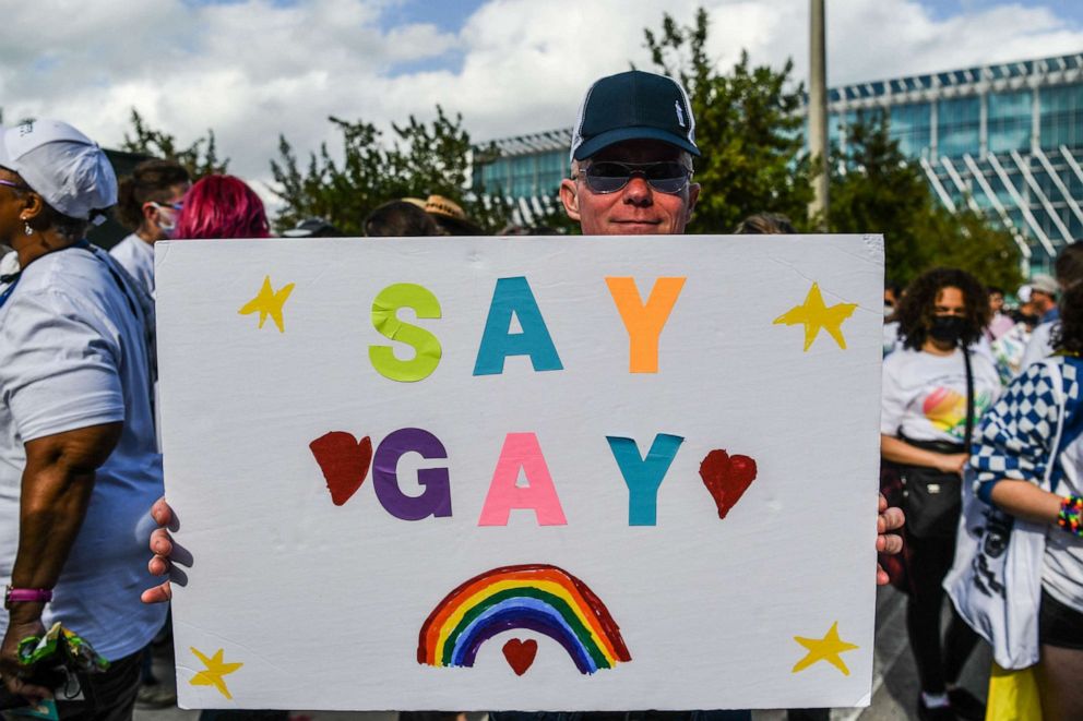 PHOTO: Members and supporters of the LGBTQ community attend the "Say Gay Anyway" rally in Miami Beach, Fla., March 13, 2022.